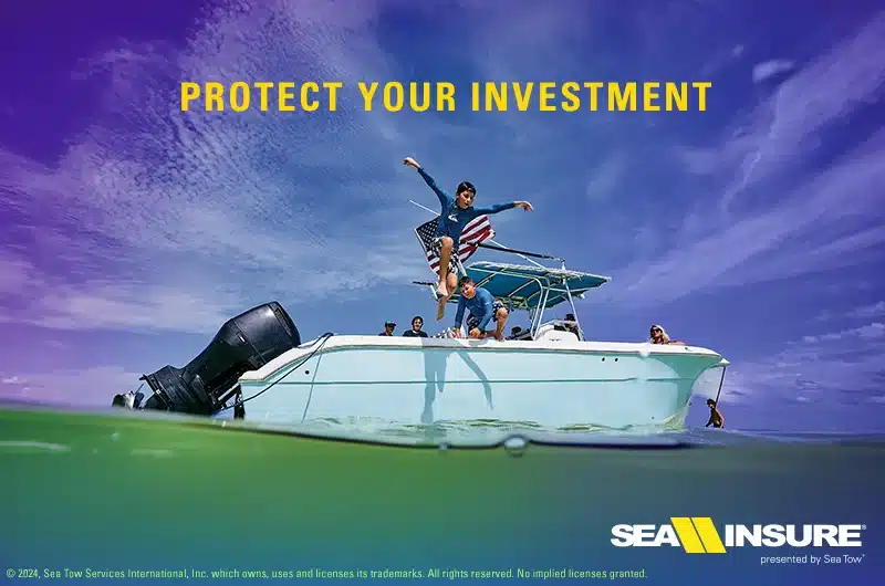 sea insure present by sea tow. kid jumping off boat into the water